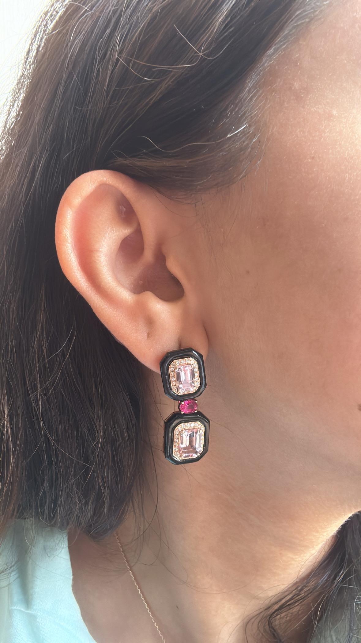 Pendientes Colgantes Art Decó de Oro de 18 K, Morganita, Rubí, Ónice Negro y Diamantes en venta 3