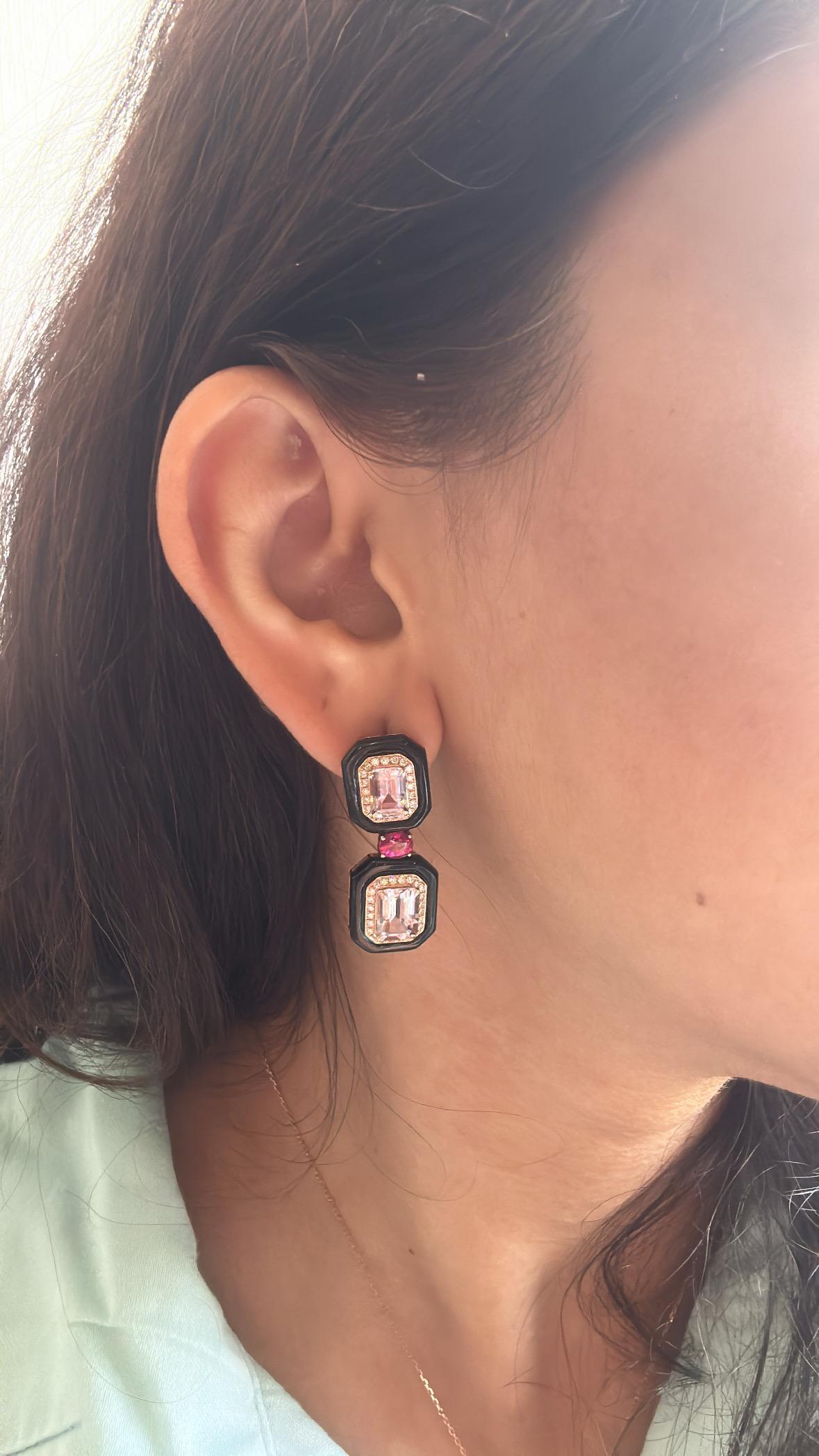 Pendientes Colgantes Art Decó de Oro de 18 K, Morganita, Rubí, Ónice Negro y Diamantes en venta 4