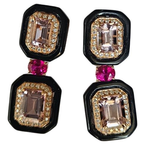 Incastonati in oro 18 carati, gli orecchini Art Déco con Morganite, Rubino, Onice nera e diamanti