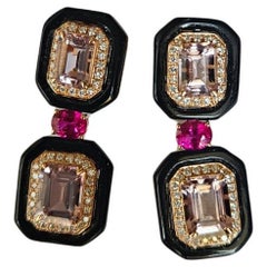 Ohrhänger aus 18 Karat Gold, Art Deco Morganit, Rubin, schwarzem Onyx und Diamanten
