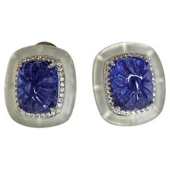 Set in 18K Gold, Art deco style carved Tanzanite, Crystal & Diamond Stud Earring