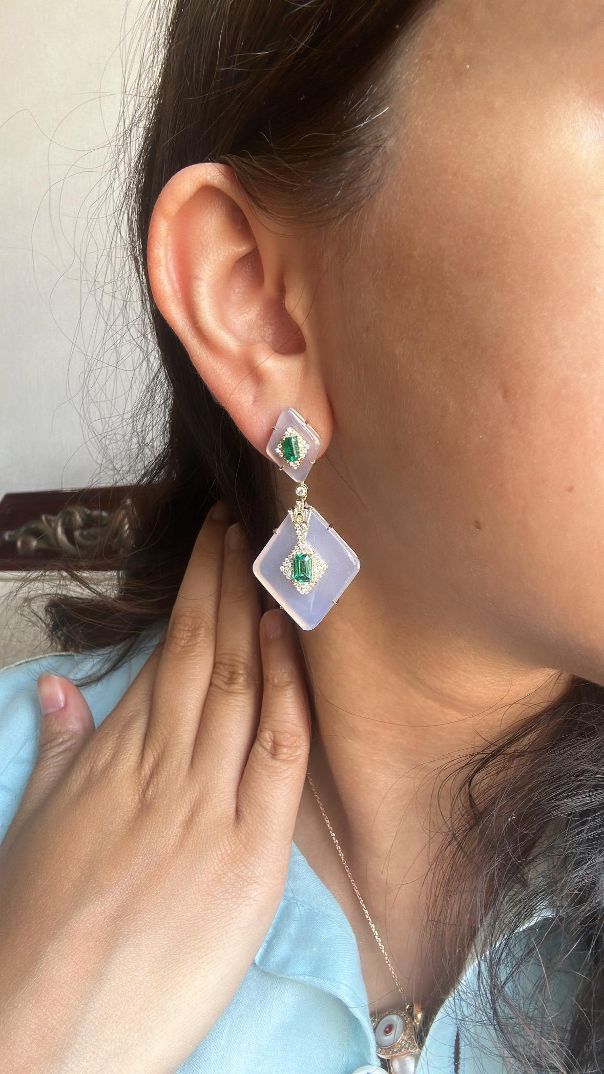 Set in 18K Gold, Art Deco style, Emerald, Rock Crystal & Diamond Dangle Earrings For Sale 7