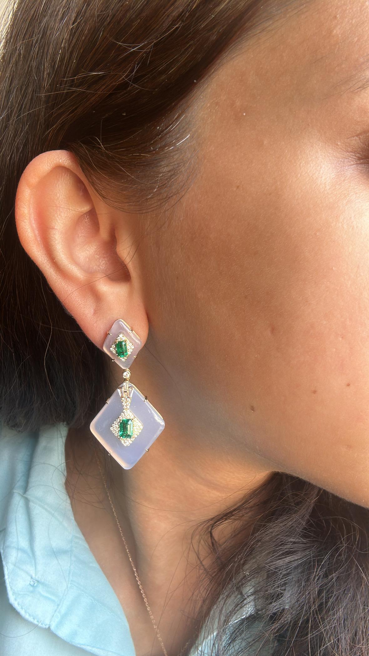 Set in 18K Gold, Art Deco style, Emerald, Rock Crystal & Diamond Dangle Earrings For Sale 8