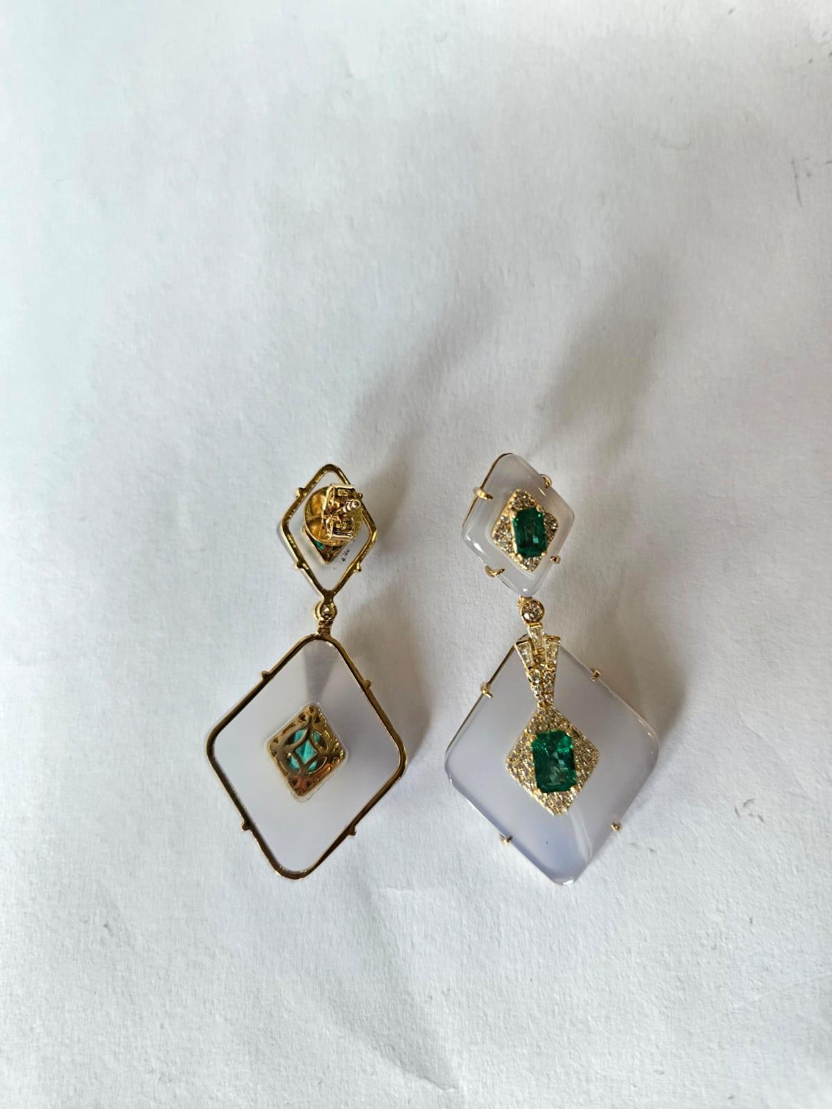Emerald Cut Set in 18K Gold, Art Deco style, Emerald, Rock Crystal & Diamond Dangle Earrings For Sale