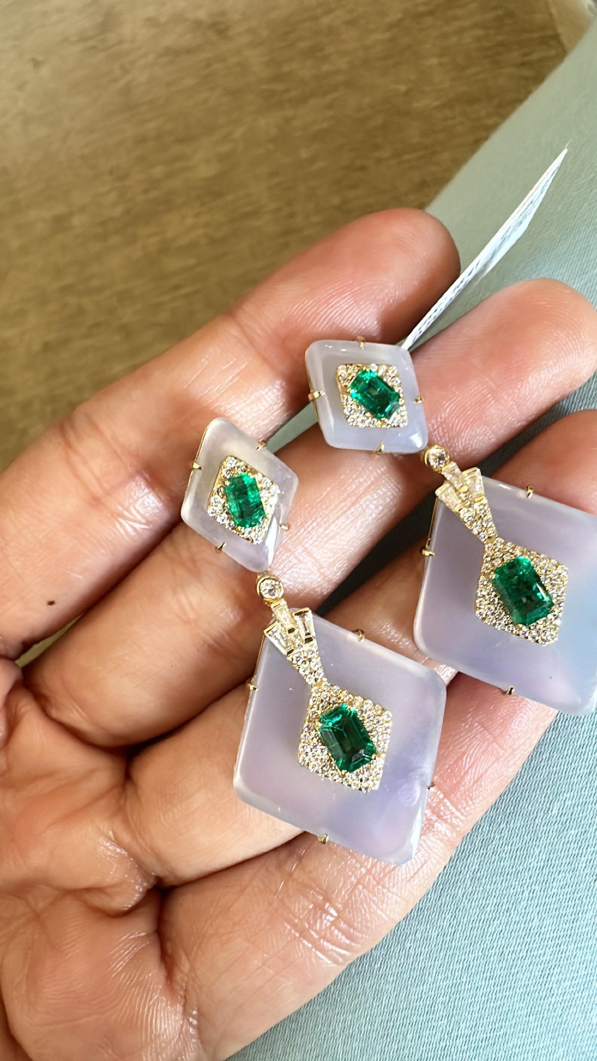 Set in 18K Gold, Art Deco style, Emerald, Rock Crystal & Diamond Dangle Earrings For Sale 1