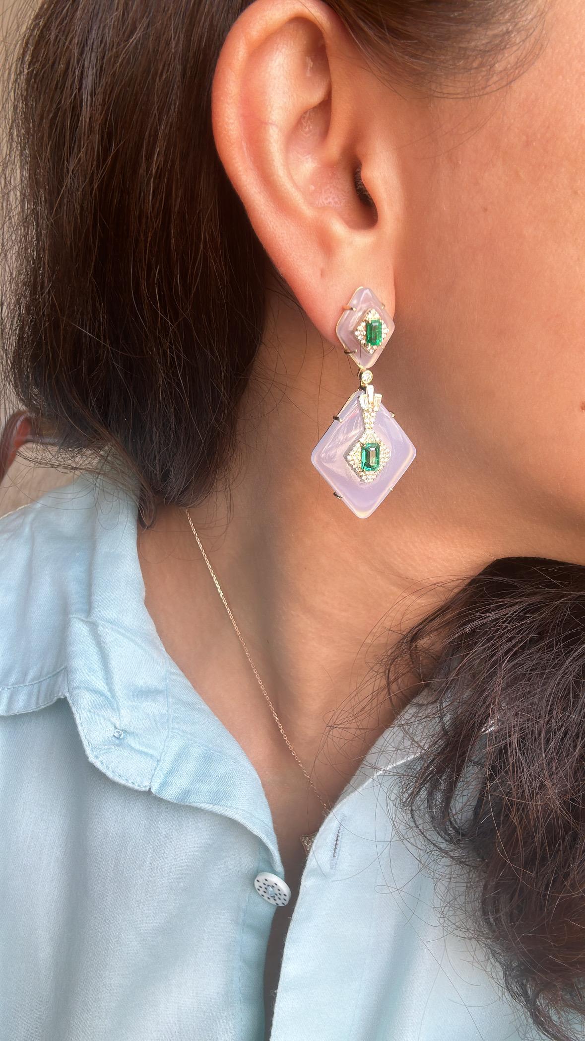 Set in 18K Gold, Art Deco style, Emerald, Rock Crystal & Diamond Dangle Earrings For Sale 4