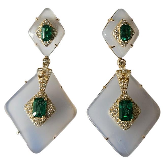 Set in 18K Gold, Art Deco style, Emerald, Rock Crystal & Diamond Dangle Earrings For Sale