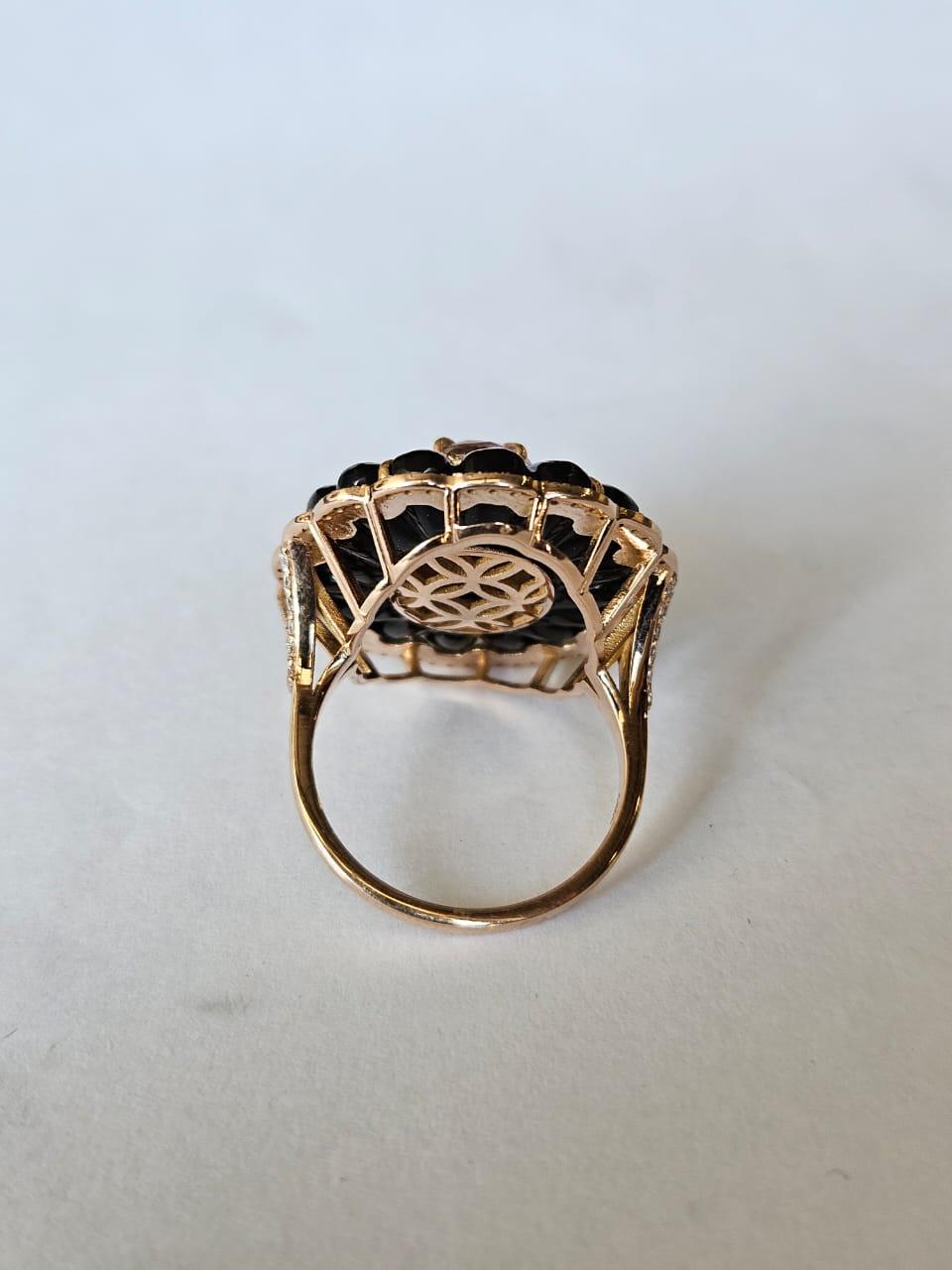 Art Deco Set in 18K Gold, Art deco style, Morganite, Black Onyx & Diamonds Cocktail Ring For Sale