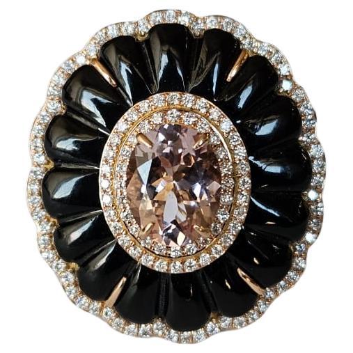 Set in 18K Gold, Art deco style, Morganite, Black Onyx & Diamonds Cocktail Ring