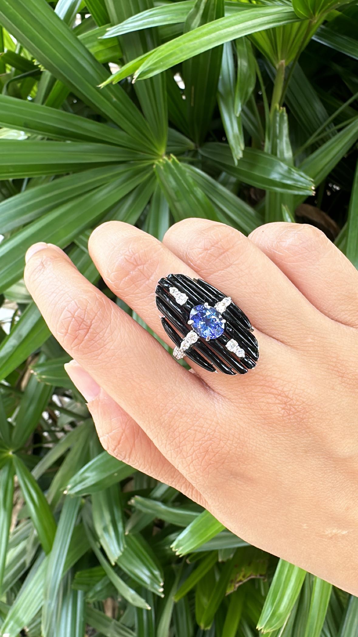 Bague cocktail en or 18 carats, style Art déco, Tanzanite, Onyx noir et diamants Unisexe en vente