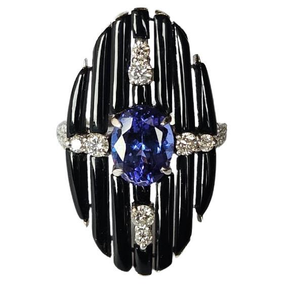 Anillo de cóctel de tanzanita, ónix negro y diamantes, engastado en oro de 18 quilates, estilo Art Déco