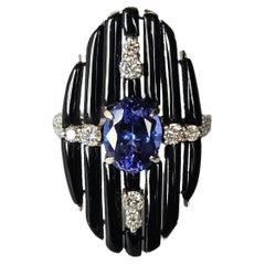 Anillo de cóctel de tanzanita, ónix negro y diamantes, engastado en oro de 18 quilates, estilo Art Déco