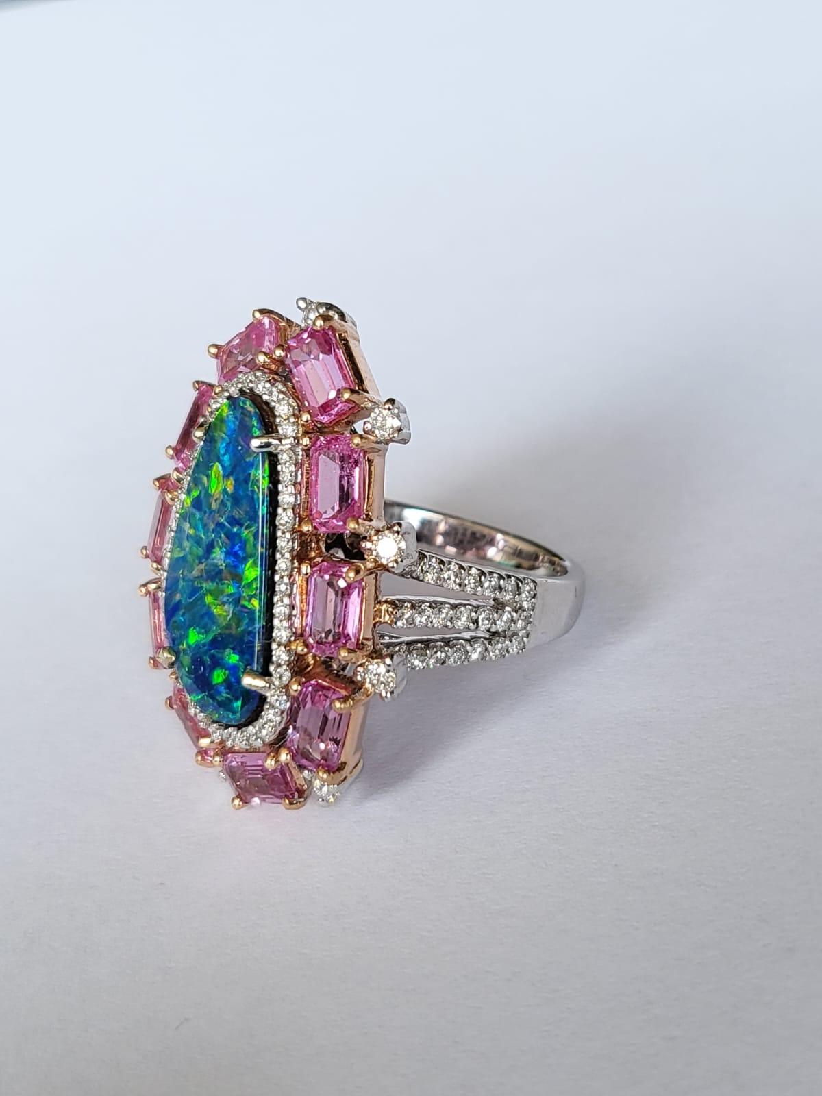 Modern Set in 18k Gold, Australian Doublet Opal, Pink Sapphire & Diamonds Cocktail Ring