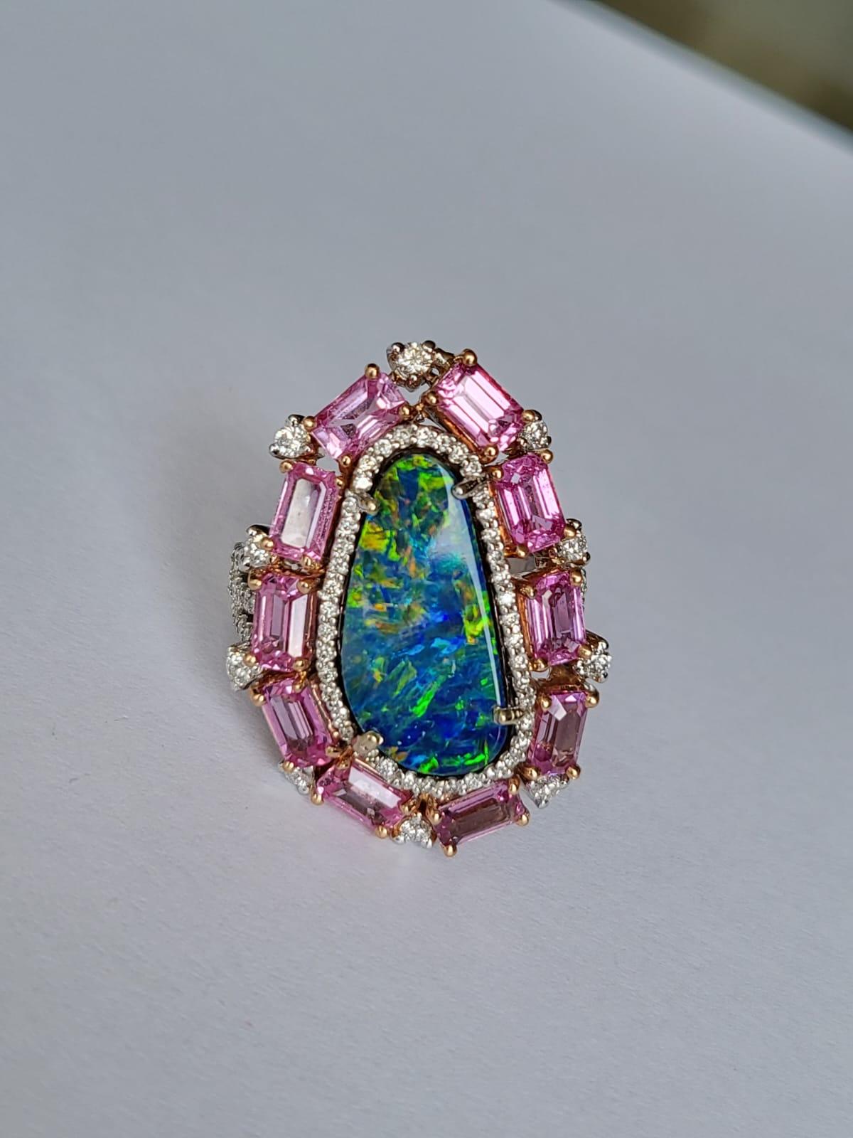 Emerald Cut Set in 18k Gold, Australian Doublet Opal, Pink Sapphire & Diamonds Cocktail Ring