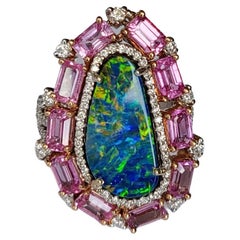Set in 18k Gold, Australian Doublet Opal, Pink Sapphire & Diamonds Cocktail Ring