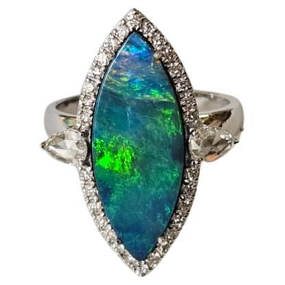 Set in 18K Gold, Australian Doublet Opal 
Rose Cut Diamonds Engagement Ring For Sale