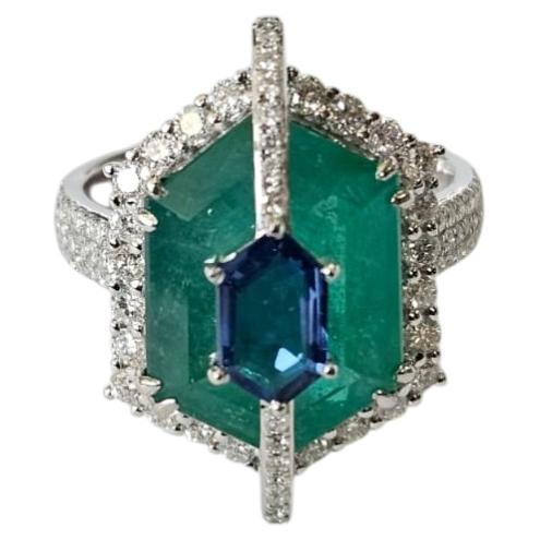 Set in 18K Gold, Blue Sapphire, Emerald & Diamonds "Kissing" Engagement Ring For Sale