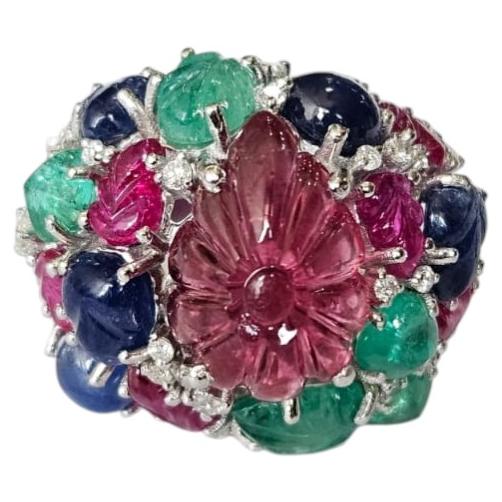 Set in 18K Gold, Blue Sapphire, Emerald, Ruby, Rubelite & Diamonds Cocktail Ring