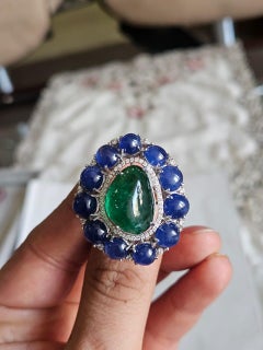 Set in 18K Gold, Blue Sapphire & Emeralds Cabochons & Diamonds Cocktail Ring