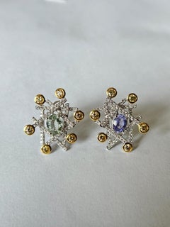 Set in 18K Gold, Blue Sapphire, Green Sapphire & Yellow Diamonds Stud Earrings