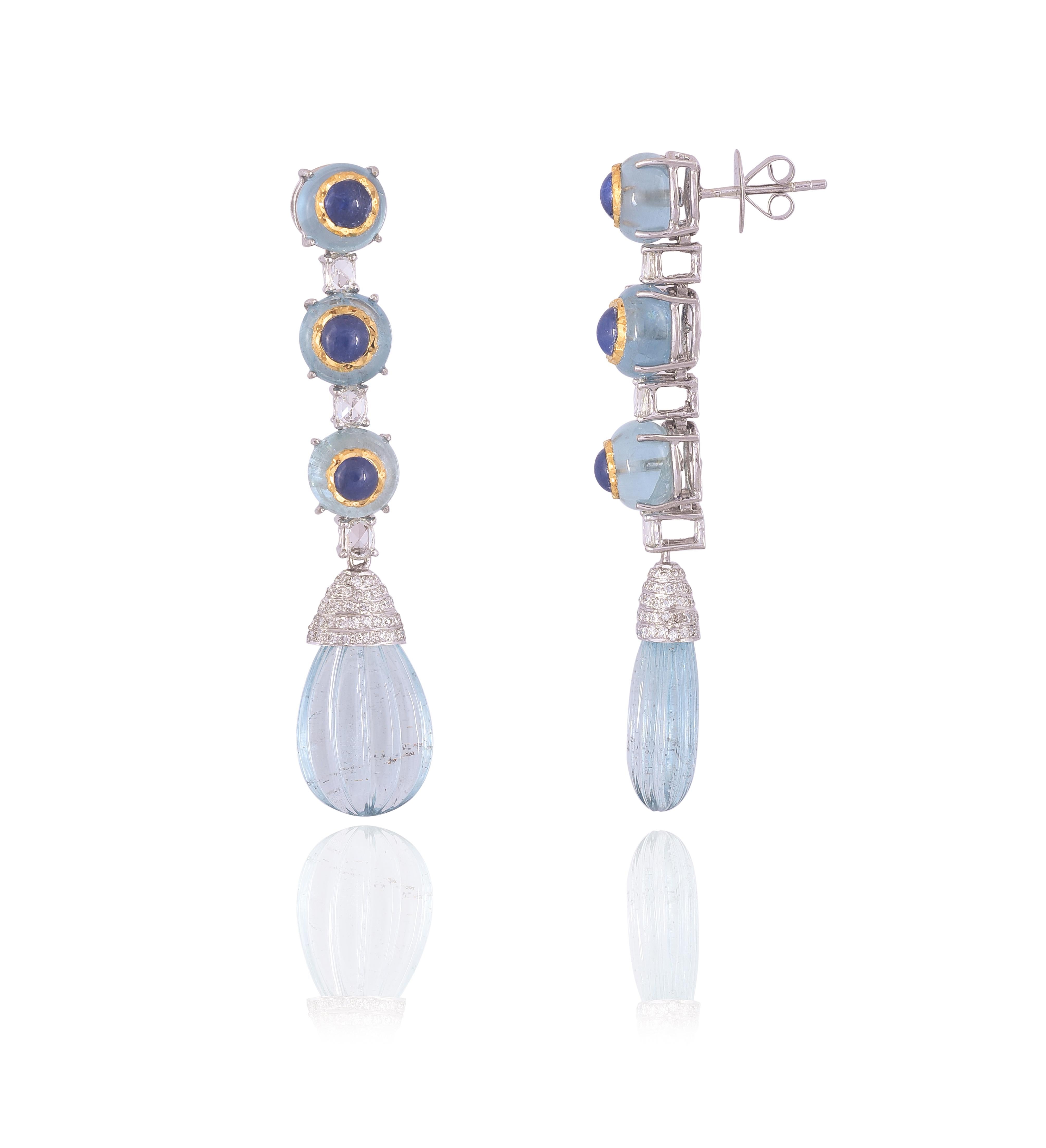 Art Deco Set in 18K Gold, Blue Sapphire In-Laid with Aquamarine Drop Chandelier Earrings