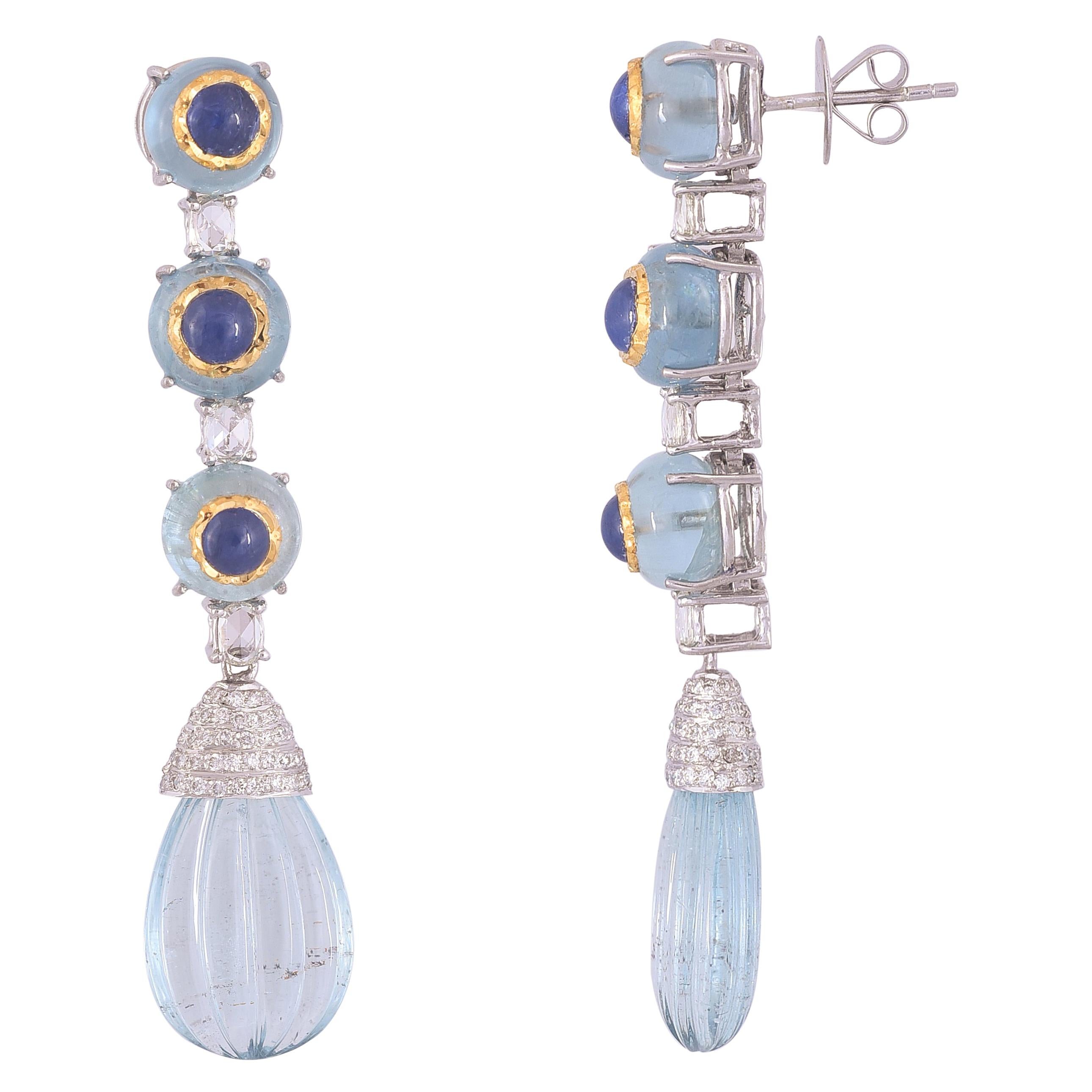 Set in 18K Gold, Blue Sapphire In-Laid with Aquamarine Drop Chandelier Earrings