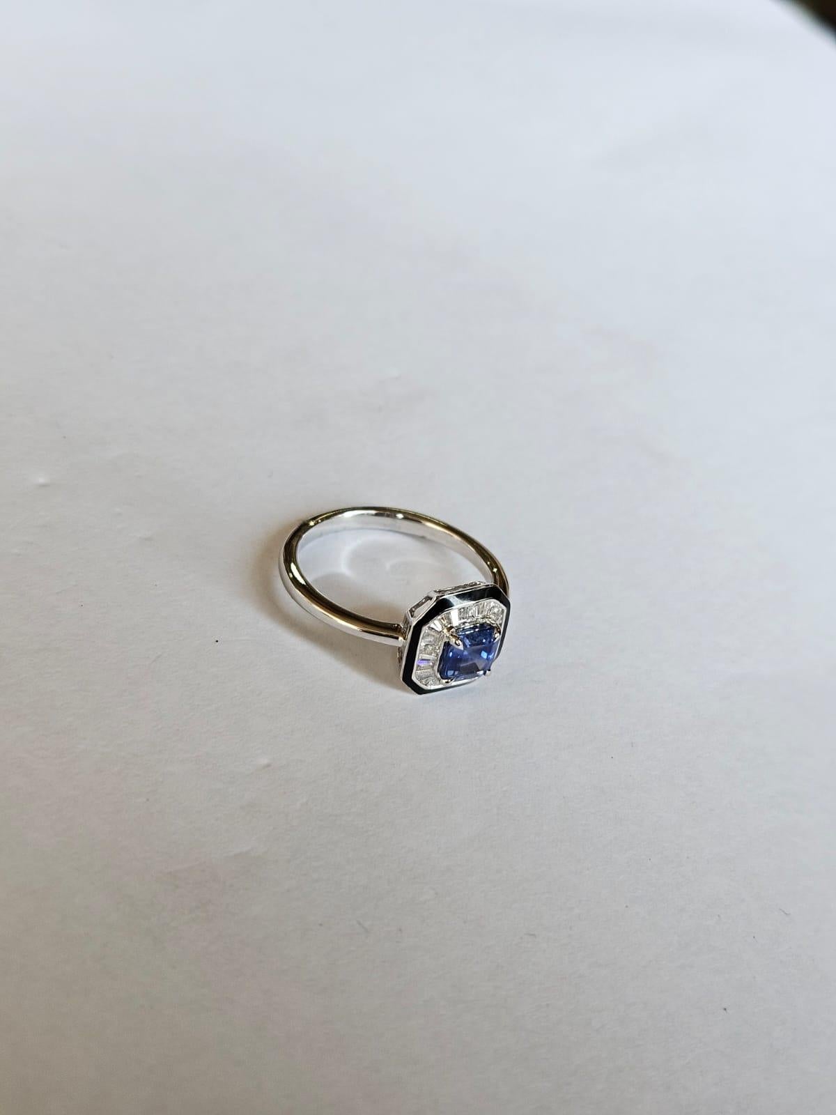 Tapered Baguette Set in 18K Gold, Blue Sapphires, Black Enamel & tapered Diamonds Engagement Ring For Sale