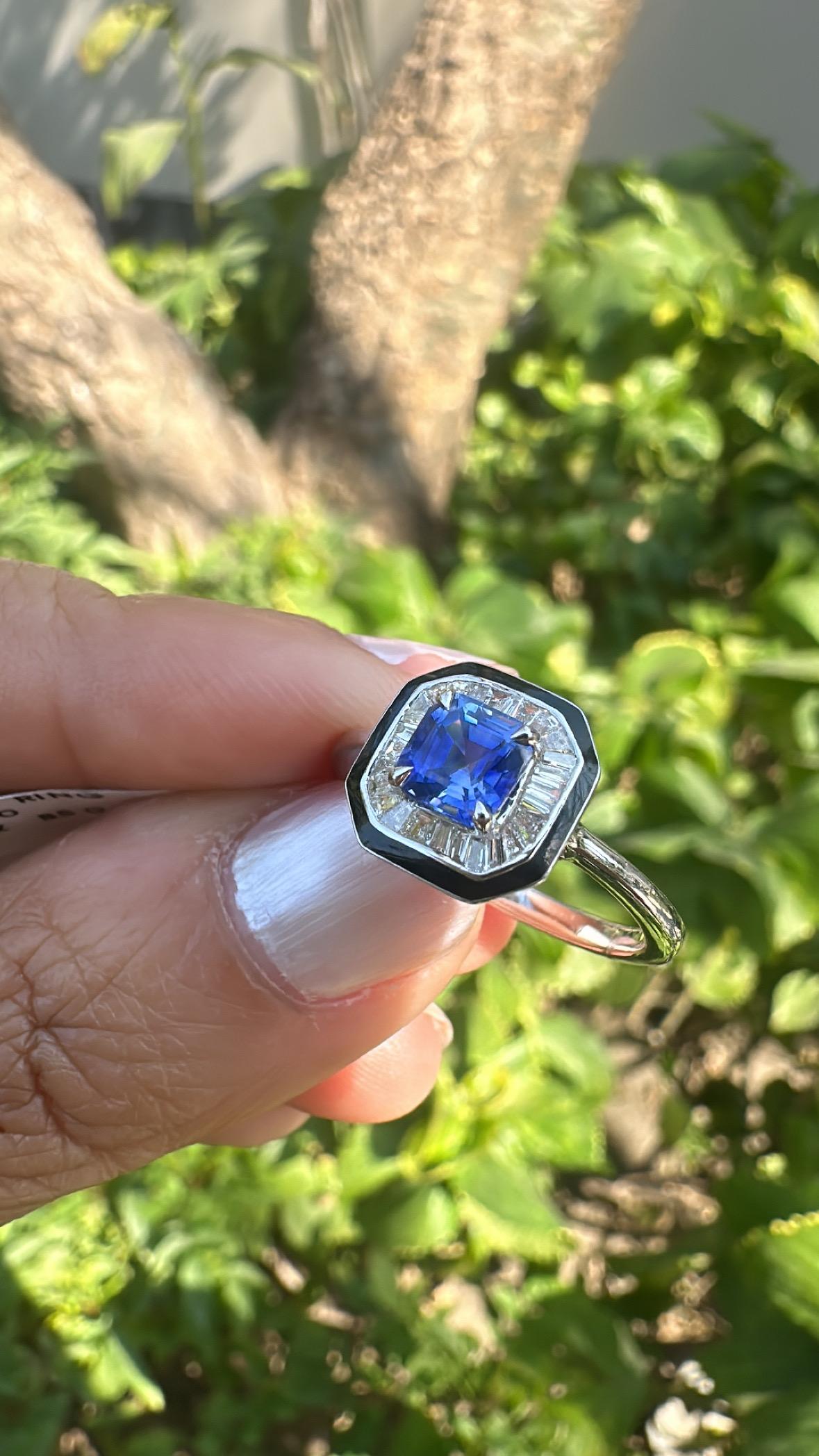 Set in 18K Gold, Blue Sapphires, Black Enamel & tapered Diamonds Engagement Ring For Sale 1