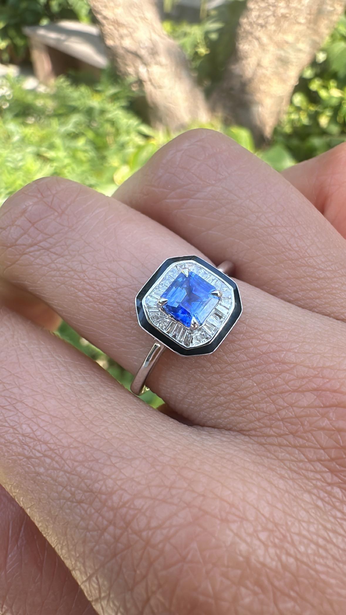 Set in 18K Gold, Blue Sapphires, Black Enamel & tapered Diamonds Engagement Ring For Sale 2