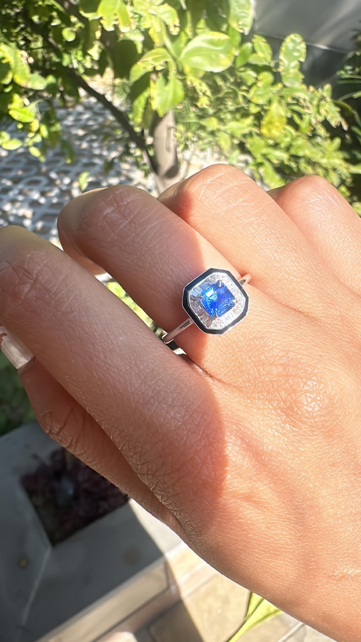 Set in 18K Gold, Blue Sapphires, Black Enamel & tapered Diamonds Engagement Ring For Sale 3