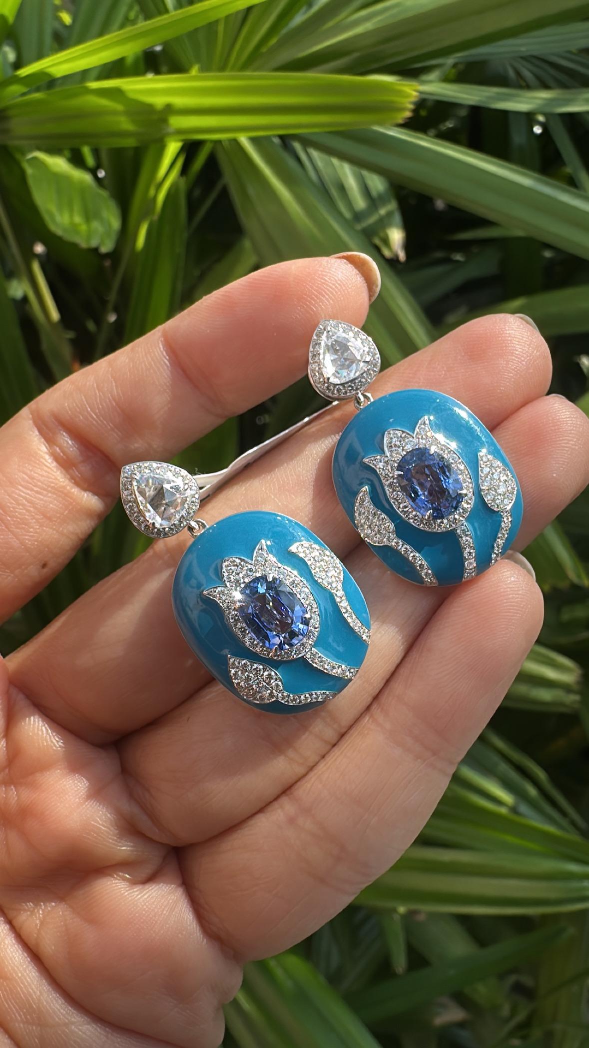 Set in 18K Gold, Blue Sapphires, Blue Enamel & Rose Cut Diamonds Dangle Earrings For Sale 5
