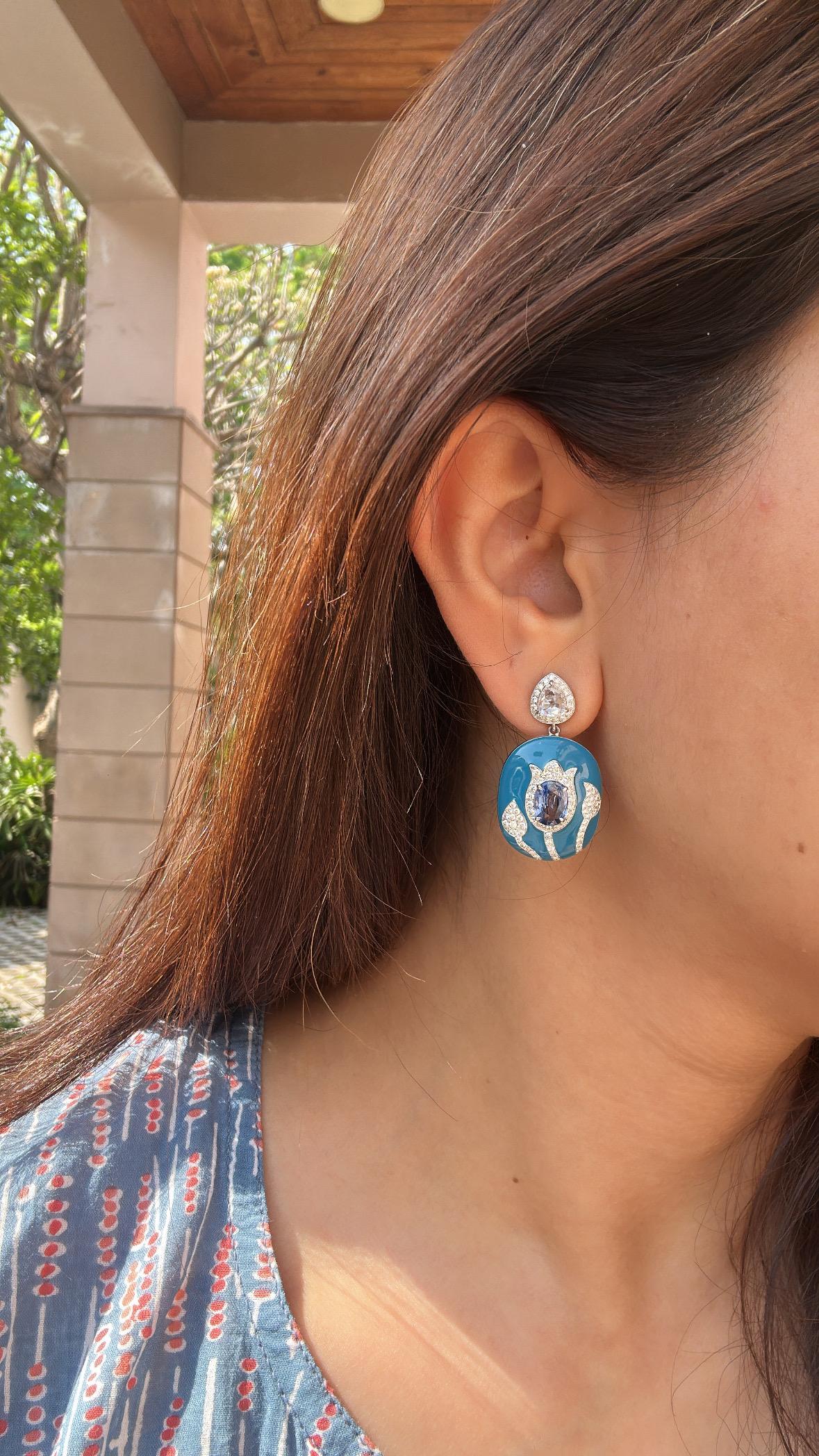 Set in 18K Gold, Blue Sapphires, Blue Enamel & Rose Cut Diamonds Dangle Earrings For Sale 6
