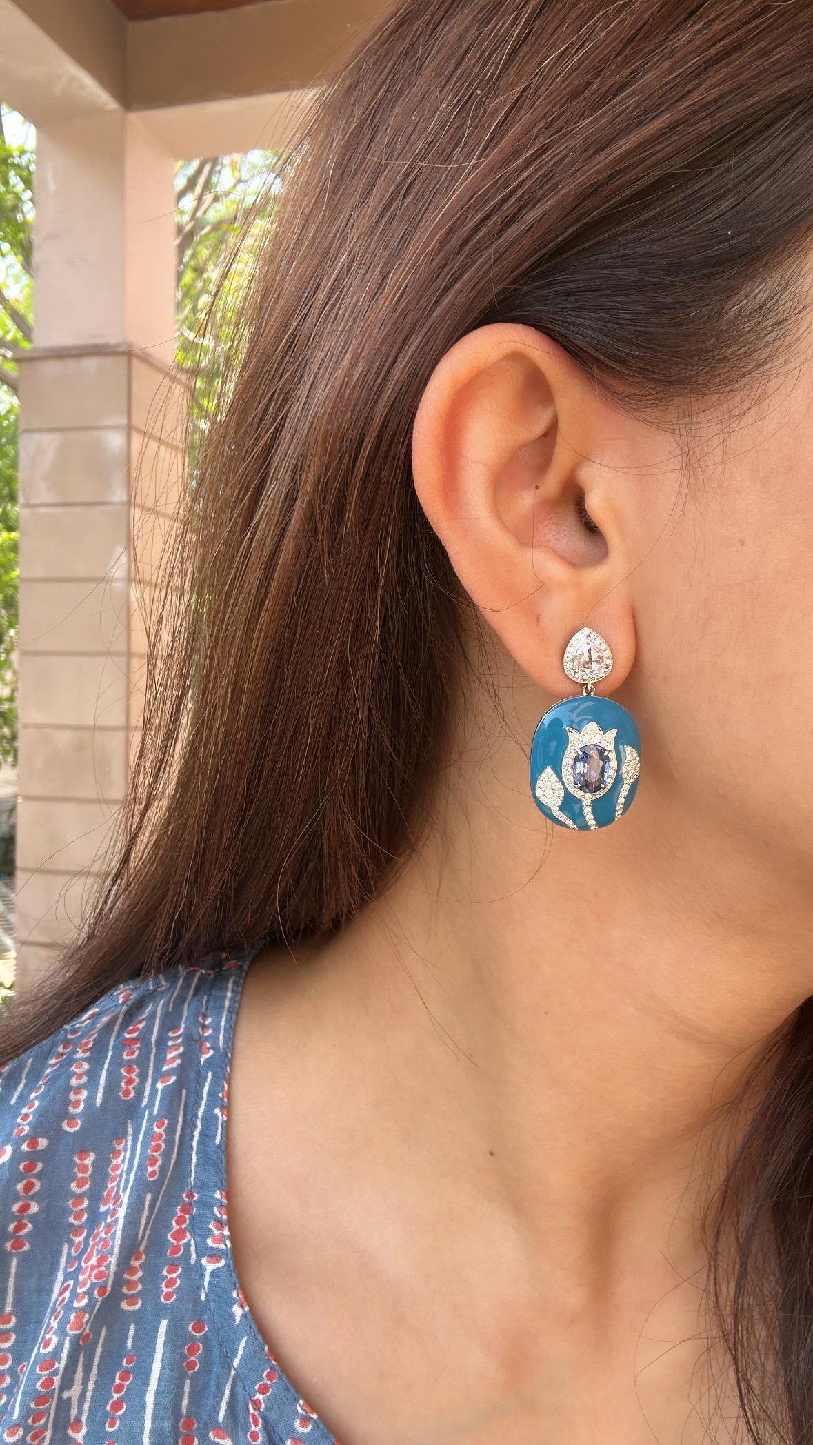 Set in 18K Gold, Blue Sapphires, Blue Enamel & Rose Cut Diamonds Dangle Earrings For Sale 7