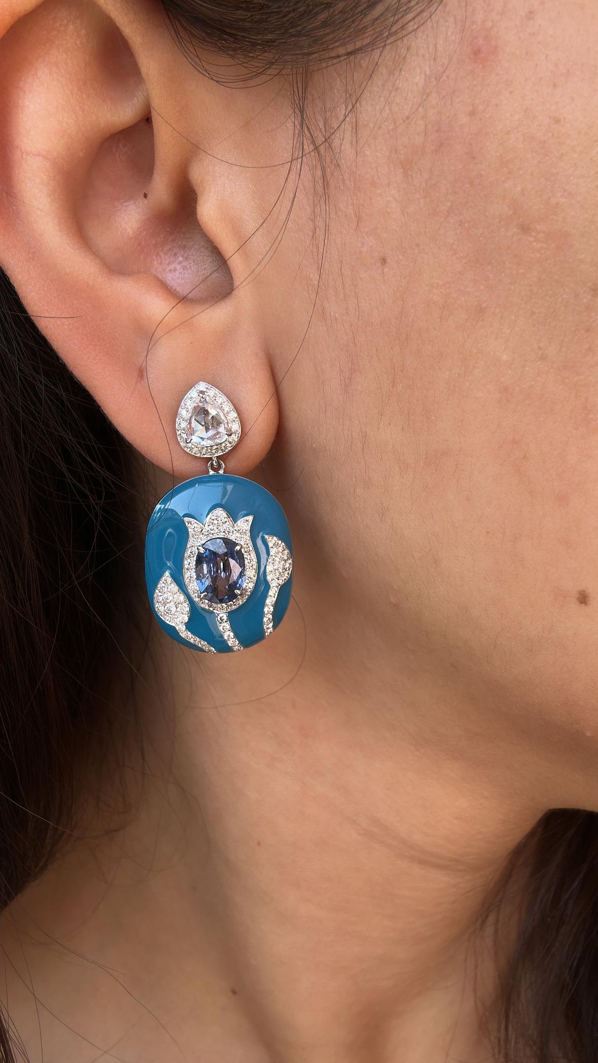 Set in 18K Gold, Blue Sapphires, Blue Enamel & Rose Cut Diamonds Dangle Earrings For Sale 8