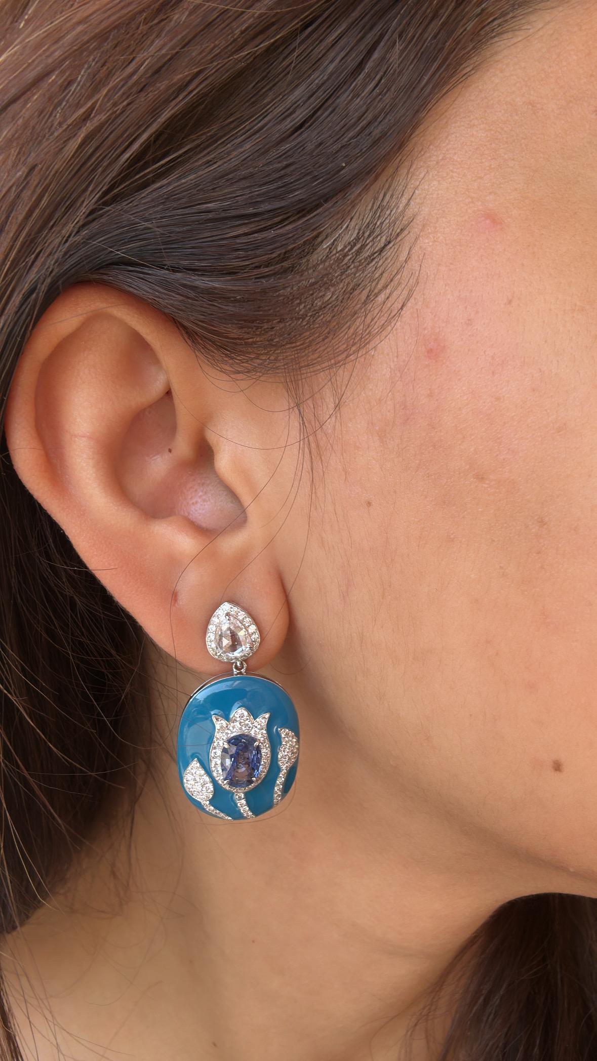 Set in 18K Gold, Blue Sapphires, Blue Enamel & Rose Cut Diamonds Dangle Earrings For Sale 9