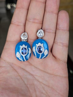 Set in 18K Gold, Blue Sapphires, Blue Enamel & Rose Cut Diamonds Dangle Earrings