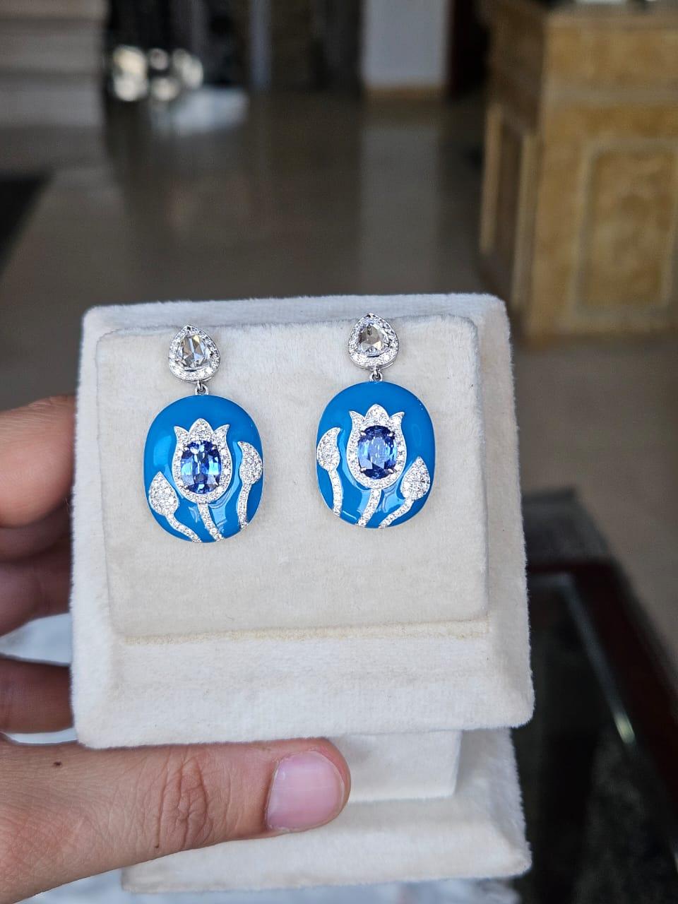Women's or Men's Set in 18K Gold, Blue Sapphires, Blue Enamel & Rose Cut Diamonds Dangle Earrings For Sale