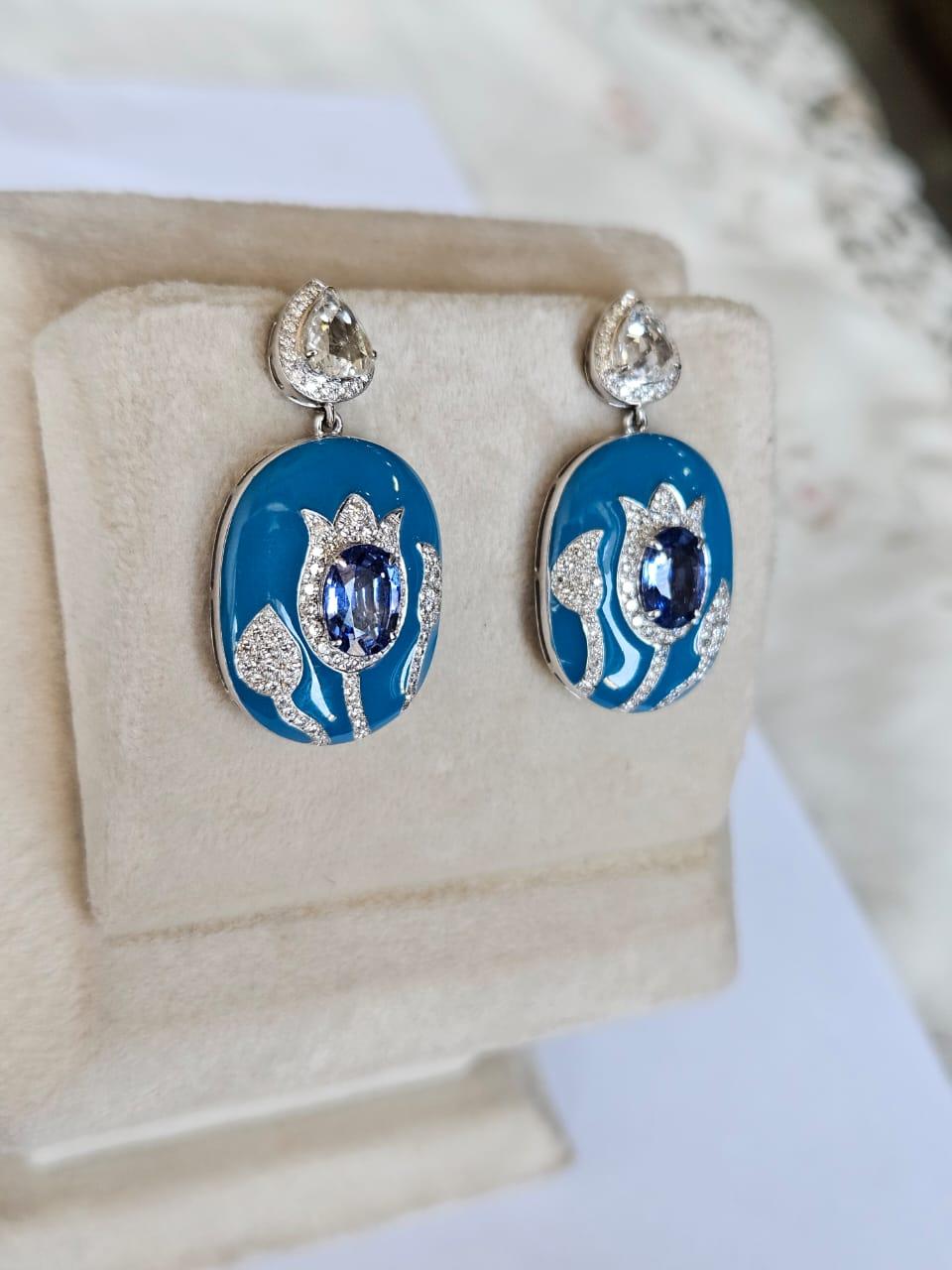 Set in 18K Gold, Blue Sapphires, Blue Enamel & Rose Cut Diamonds Dangle Earrings For Sale 1