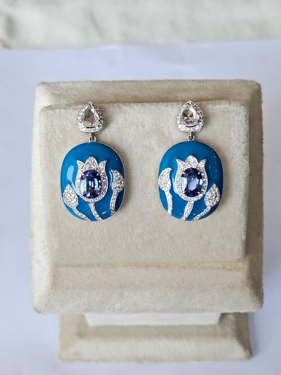 Set in 18K Gold, Blue Sapphires, Blue Enamel & Rose Cut Diamonds Dangle Earrings For Sale 2