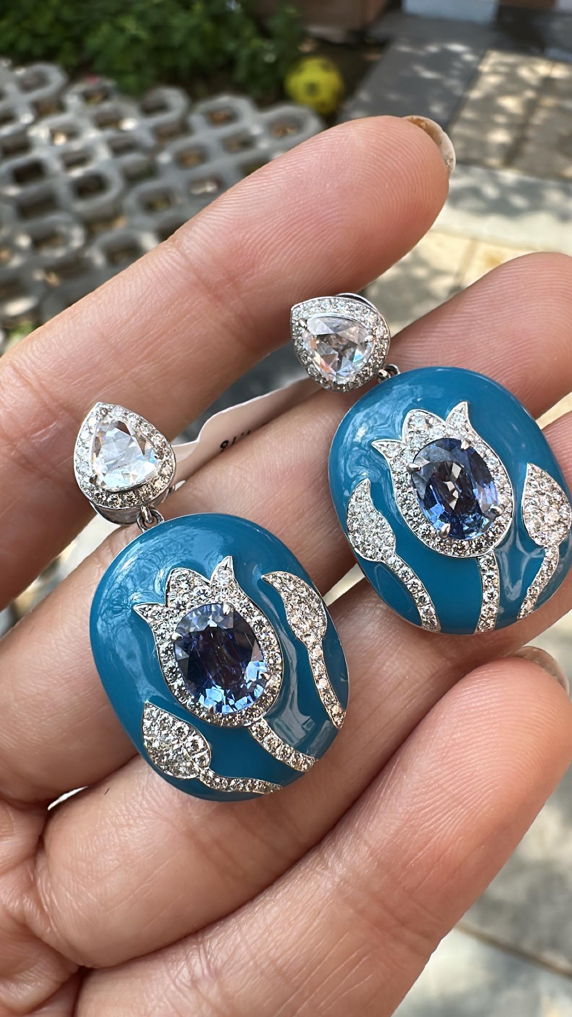 Set in 18K Gold, Blue Sapphires, Blue Enamel & Rose Cut Diamonds Dangle Earrings For Sale 3