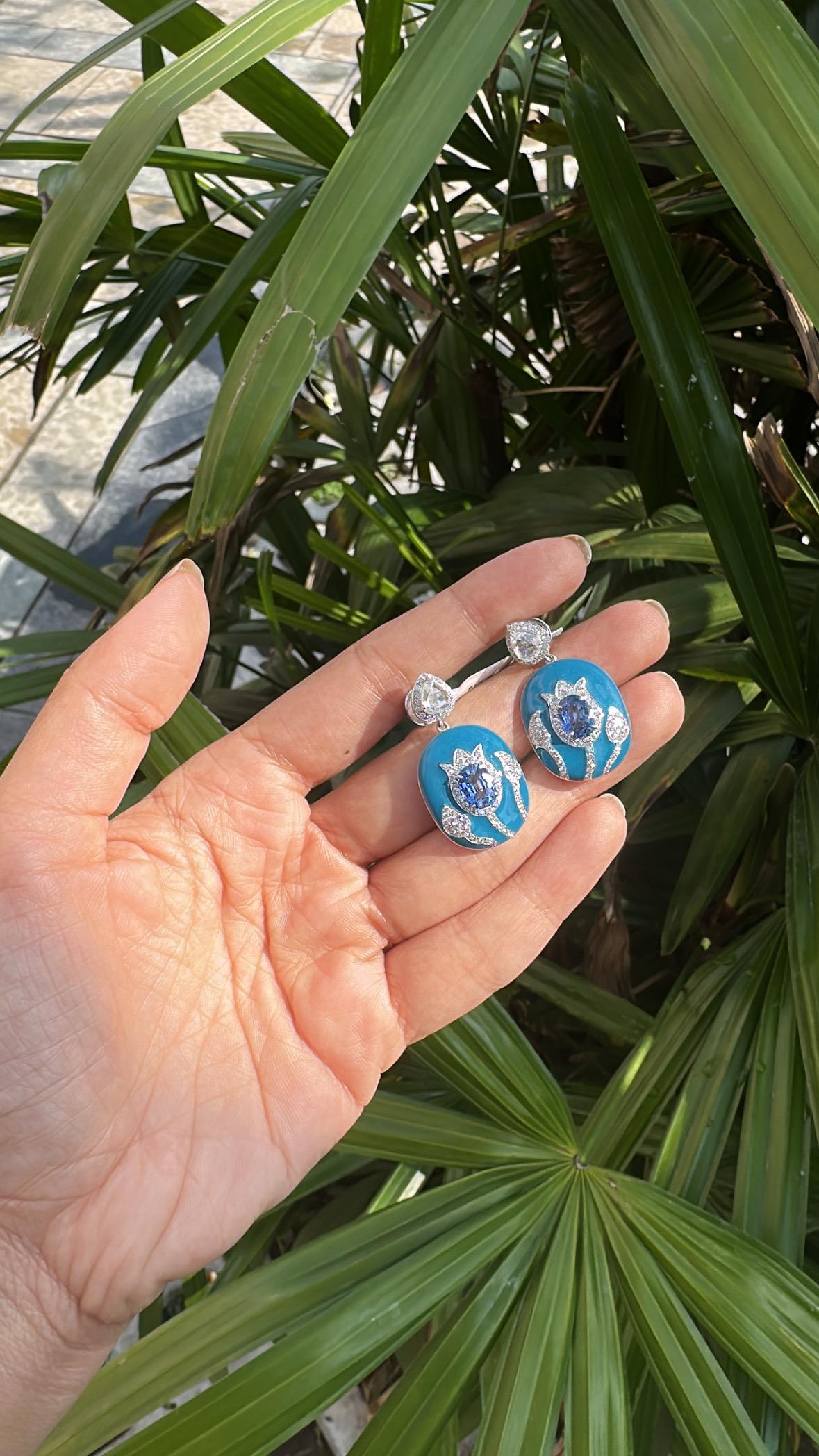 Set in 18K Gold, Blue Sapphires, Blue Enamel & Rose Cut Diamonds Dangle Earrings For Sale 4