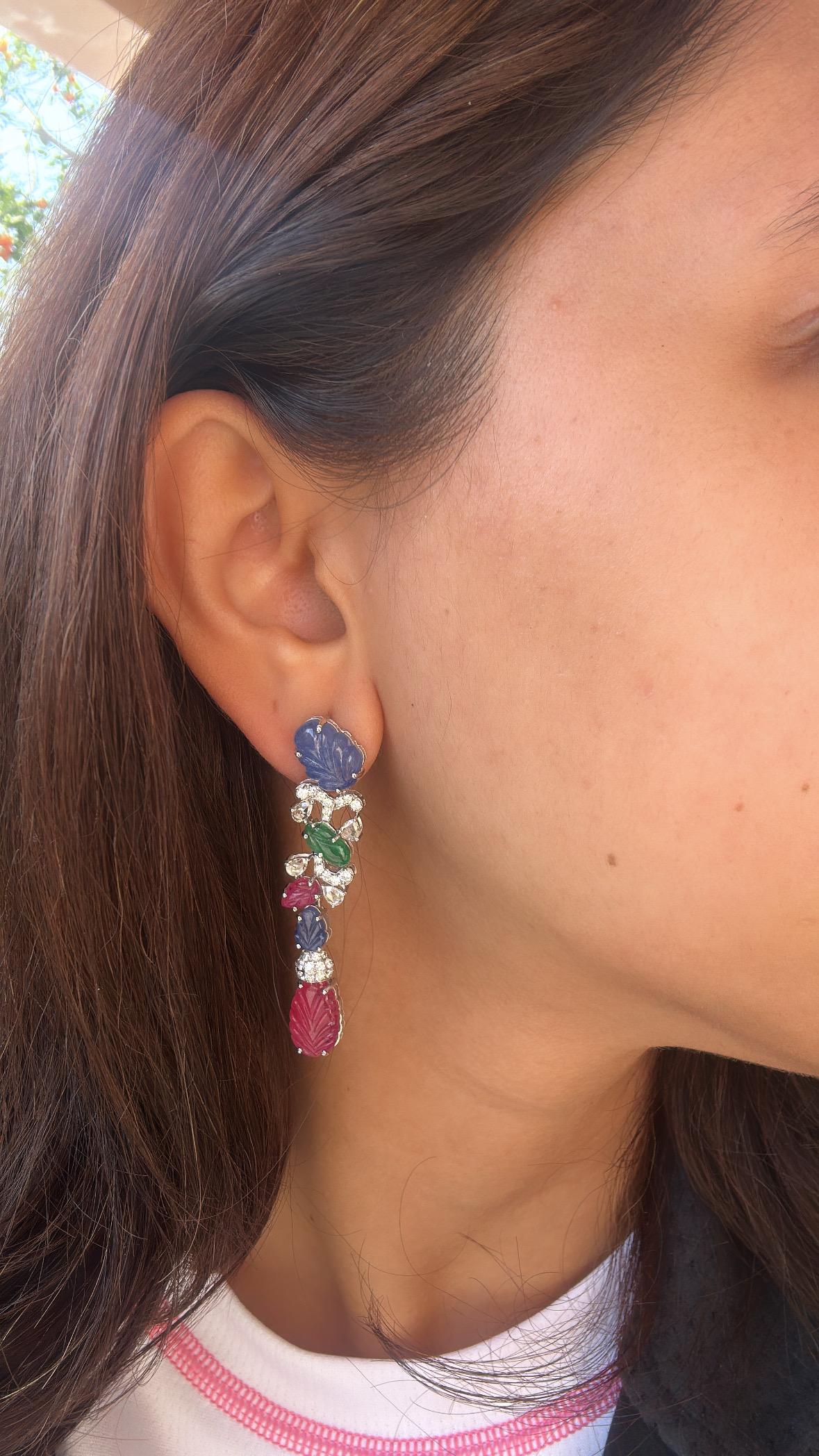 Set in 18K Gold, Blue Sapphires, Emeralds, Rubies & Diamonds Chandelier Earrings For Sale 4