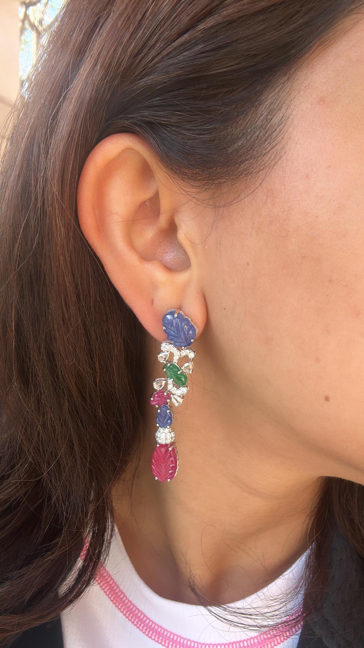 Set in 18K Gold, Blue Sapphires, Emeralds, Rubies & Diamonds Chandelier Earrings For Sale 5