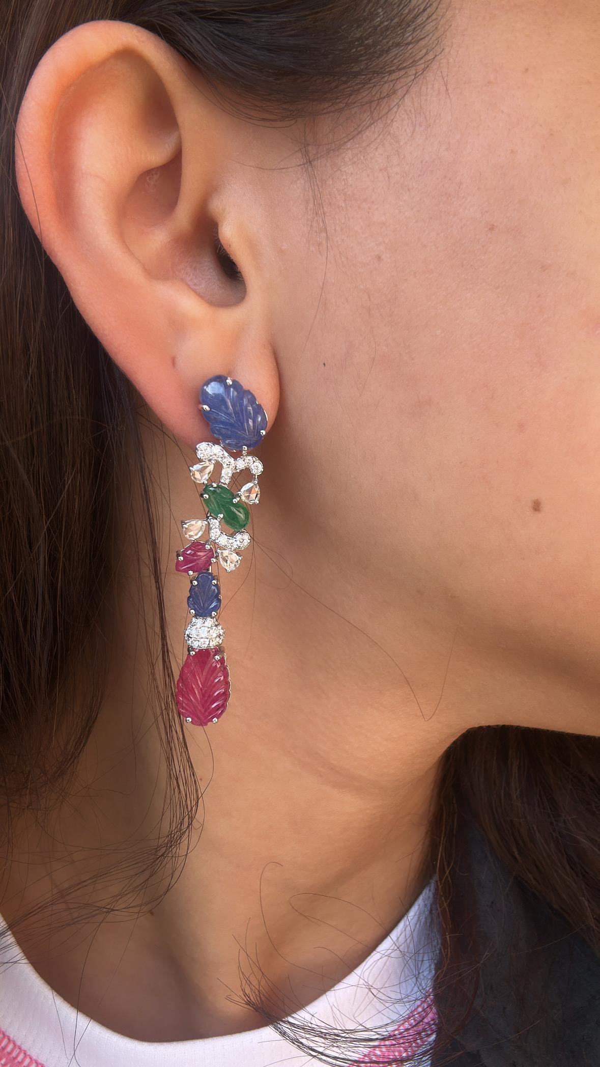 Set in 18K Gold, Blue Sapphires, Emeralds, Rubies & Diamonds Chandelier Earrings For Sale 6