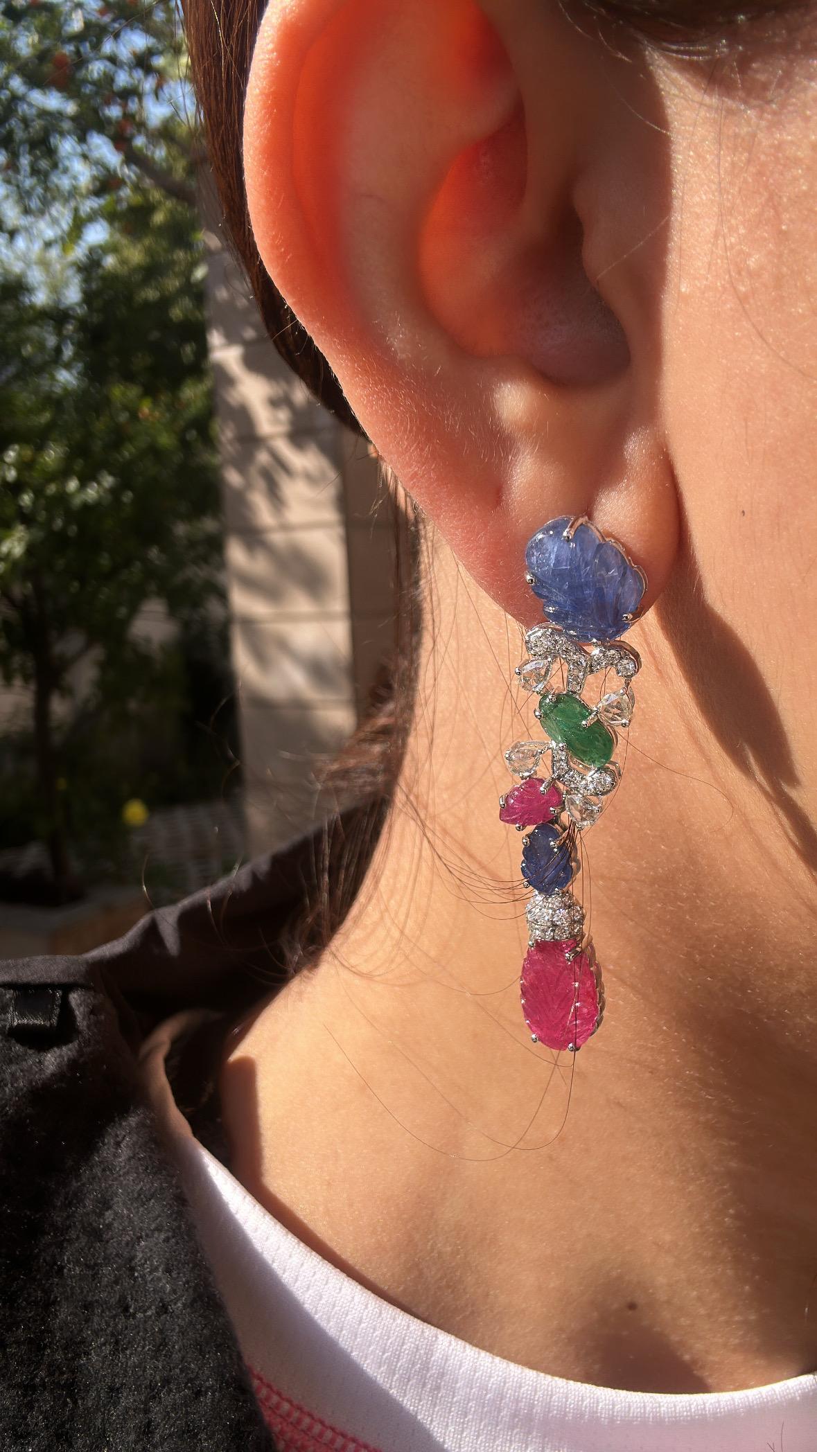 Set in 18K Gold, Blue Sapphires, Emeralds, Rubies & Diamonds Chandelier Earrings For Sale 7
