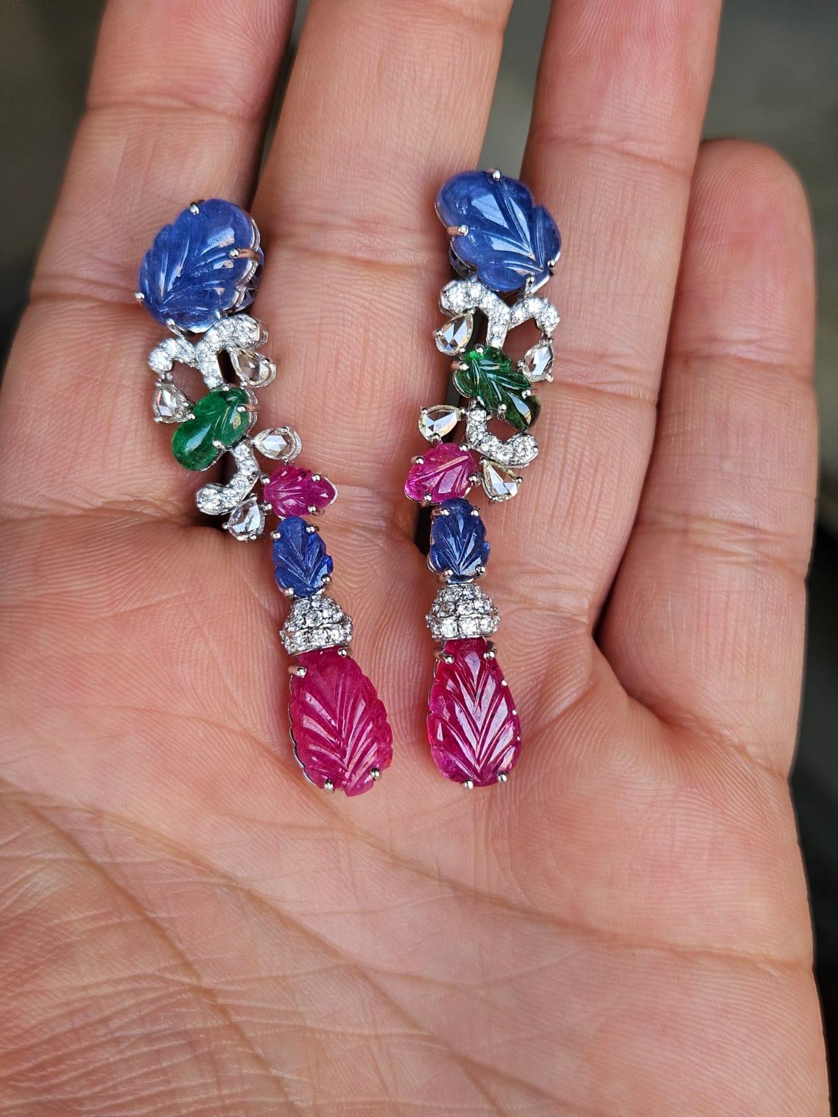 Modern Set in 18K Gold, Blue Sapphires, Emeralds, Rubies & Diamonds Chandelier Earrings For Sale