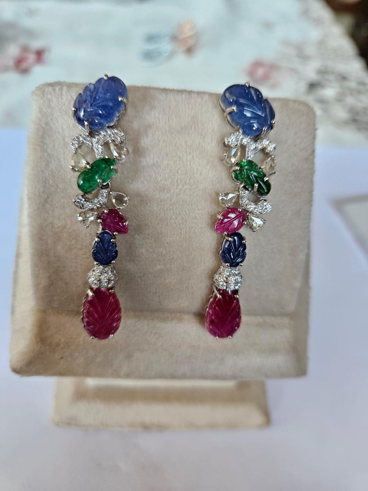 Women's or Men's Set in 18K Gold, Blue Sapphires, Emeralds, Rubies & Diamonds Chandelier Earrings For Sale