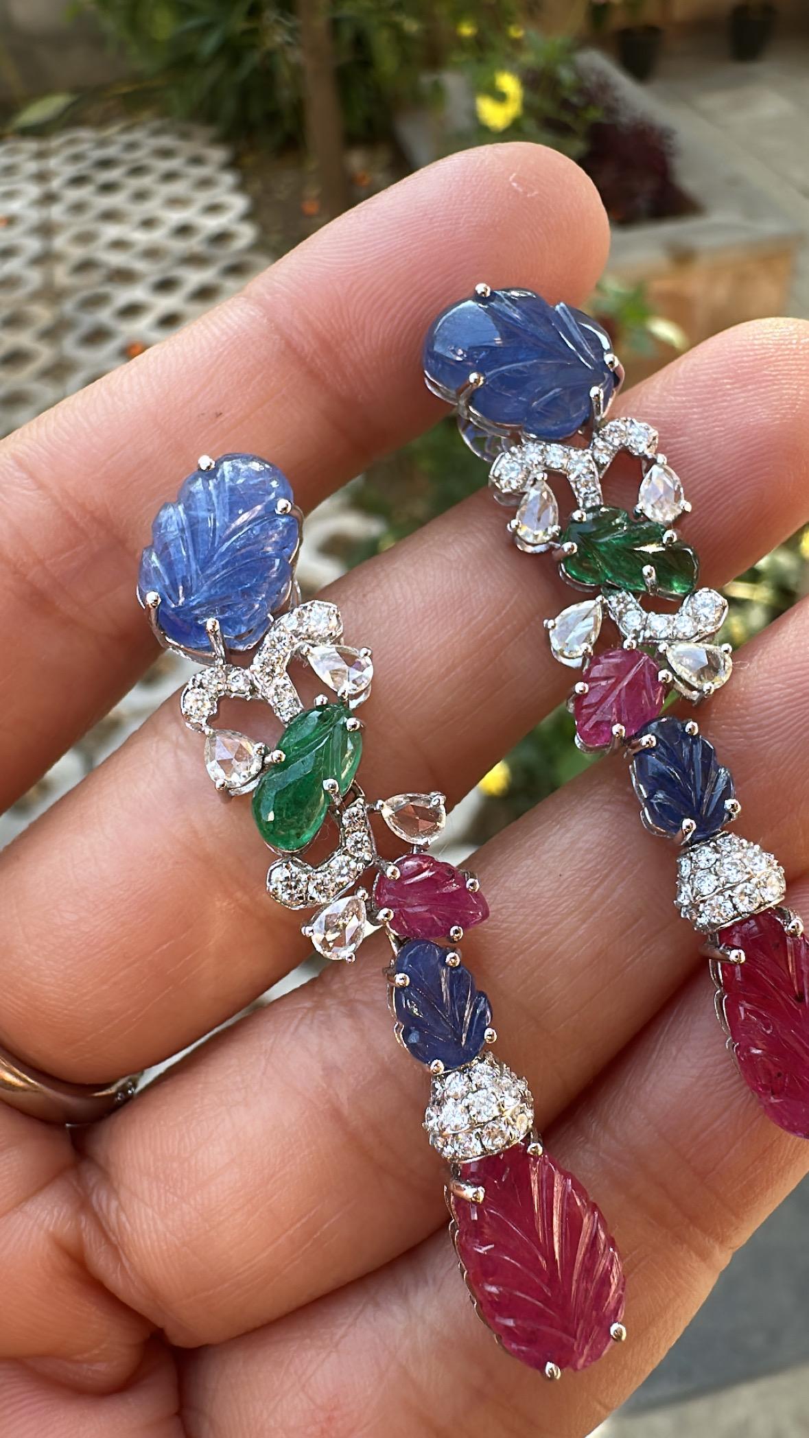 Set in 18K Gold, Blue Sapphires, Emeralds, Rubies & Diamonds Chandelier Earrings For Sale 1