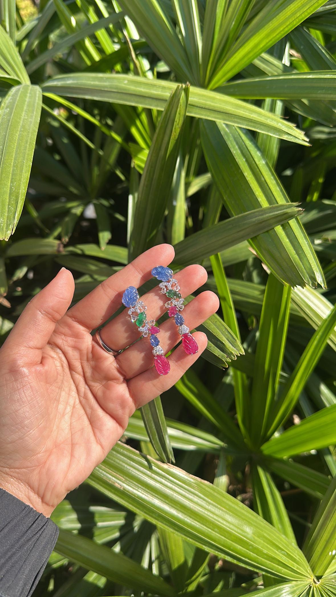 Set in 18K Gold, Blue Sapphires, Emeralds, Rubies & Diamonds Chandelier Earrings For Sale 2