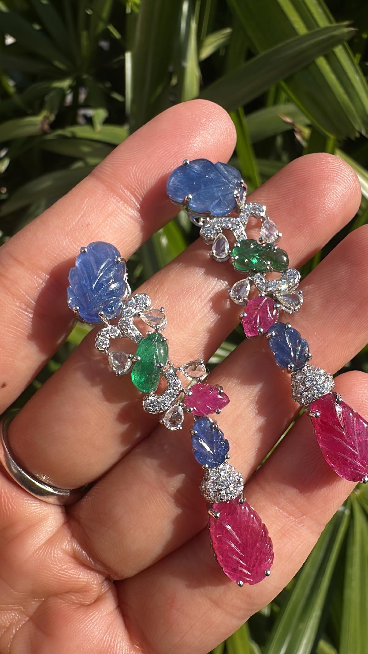 Set in 18K Gold, Blue Sapphires, Emeralds, Rubies & Diamonds Chandelier Earrings For Sale 3